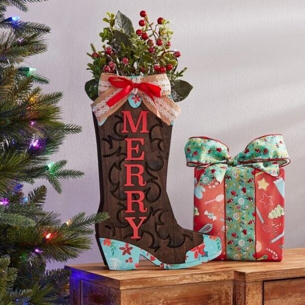 Pioneer Woman ~ Wood ~ 17" MERRY Cowboy Boot w/Foliage ~ Christmas ~ Holiday